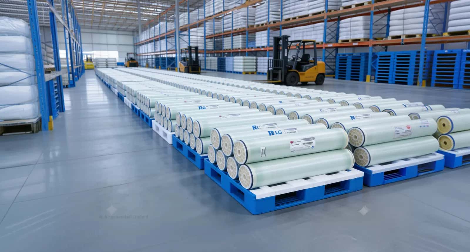 Warehouse rows of water treatment membranes and filtration stock